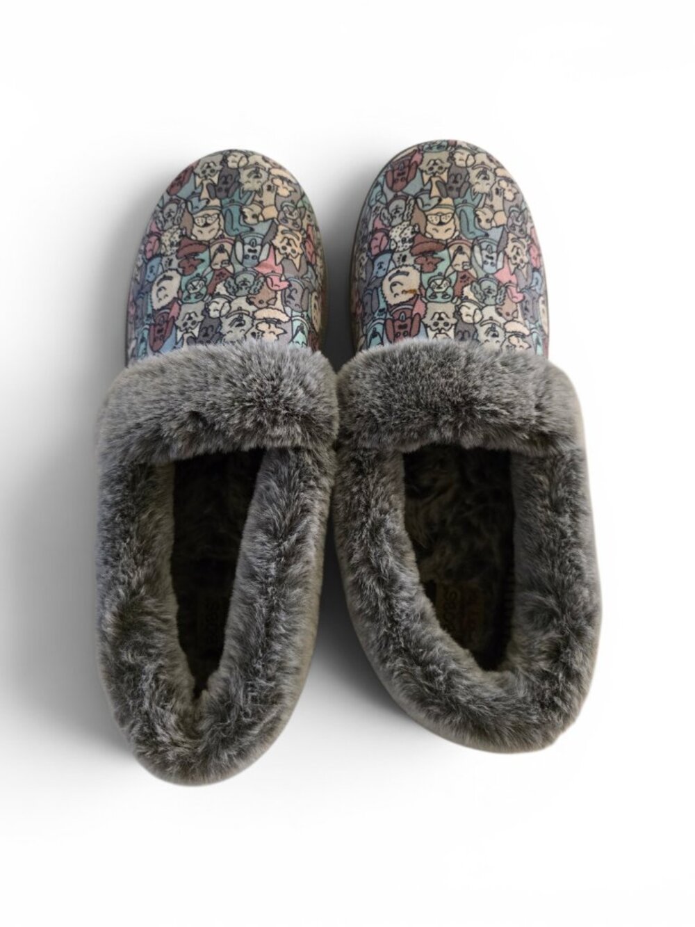 Skechers BOBS Dog Print Slippers Womens 9 Memory Foam Faux Fur Cozy House Shoes